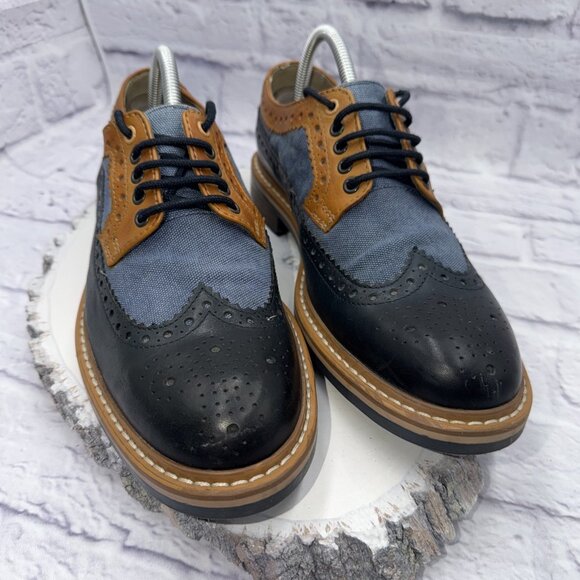 Clarks TOR England Men Size 8 Darby Limit Wingtip Oxford Shoes Blue Denim Tan - Picture 2 of 11